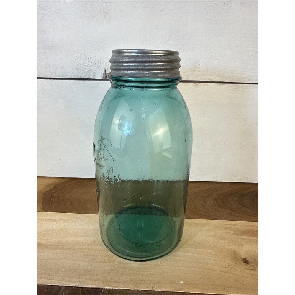 Ball Jar Perfect Mason Off Center #3 RARE 1913-15 Vintage Blue Green 1/2 Gal - Picture 4 of 7